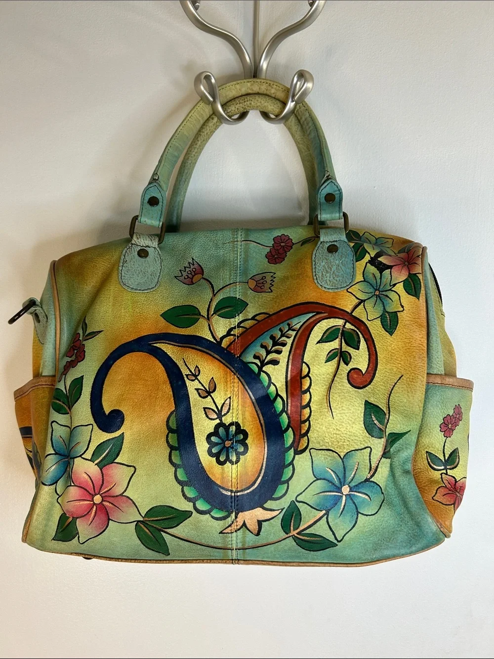 Anuschka Hand Painted Paisley Floral Theme Leather Satchel & Shoulder Strap